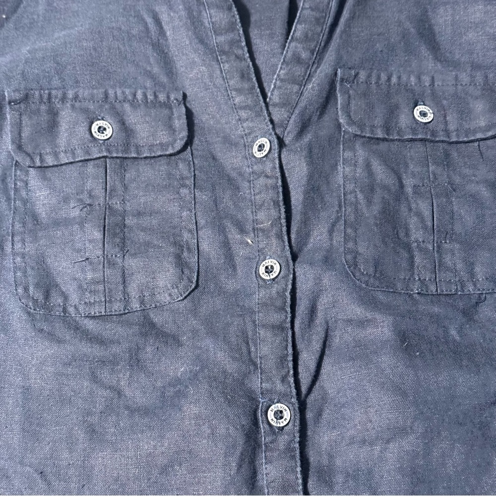 Malvin I ❤️ Linen Navy Shirt Dress Size M Button Front Midi Minimalist Classic - Picture 7 of 12